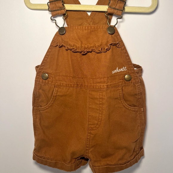 Infant 9 months Carhartt Tan Ruffle Shortalls Adjustable Straps - Picture 1 of 4